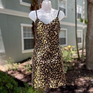 G Guess Black Sequins Cheetah Mini Dress Size XS 2 Gold Sexy Animal Slip Party